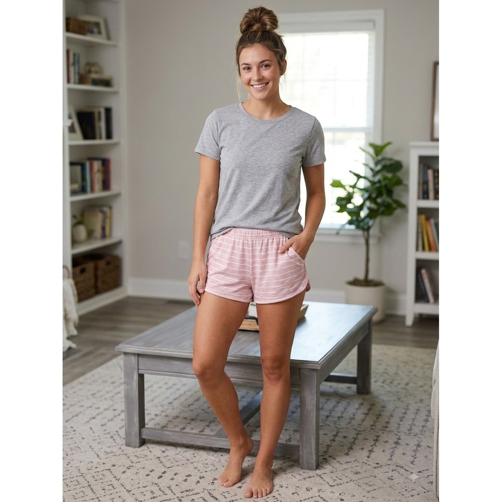 Pink and White Striped Knit Lounge Shorts with Pockets Small RN91523
